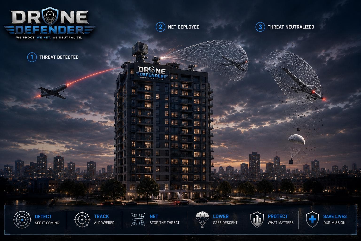 Concept render showing an unauthorized aircraft approaching a protected residential tower, a net deploying from the rooftop node into its path, and the aircraft coming out of controlled flight clear of the building.